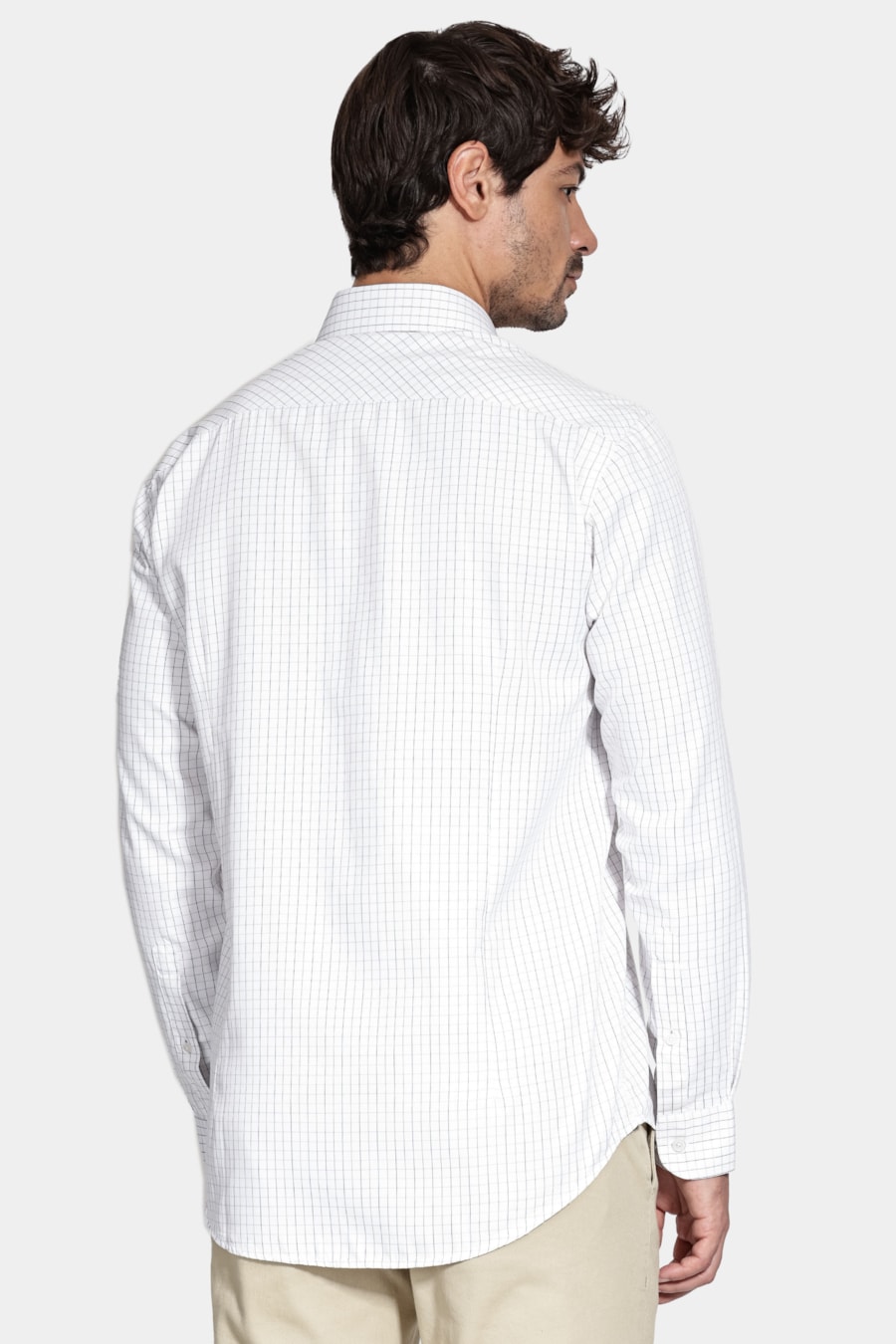 Camisa Manga Longa Slim Tricoline Xadrez Maquinetada Branco C/Caqui — foto 4 de 6