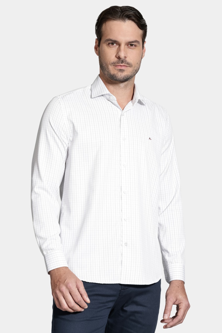 Camisa Manga Longa Slim Tricoline Xadrez Maquinetada Branco C/Verde — foto 1 de 6