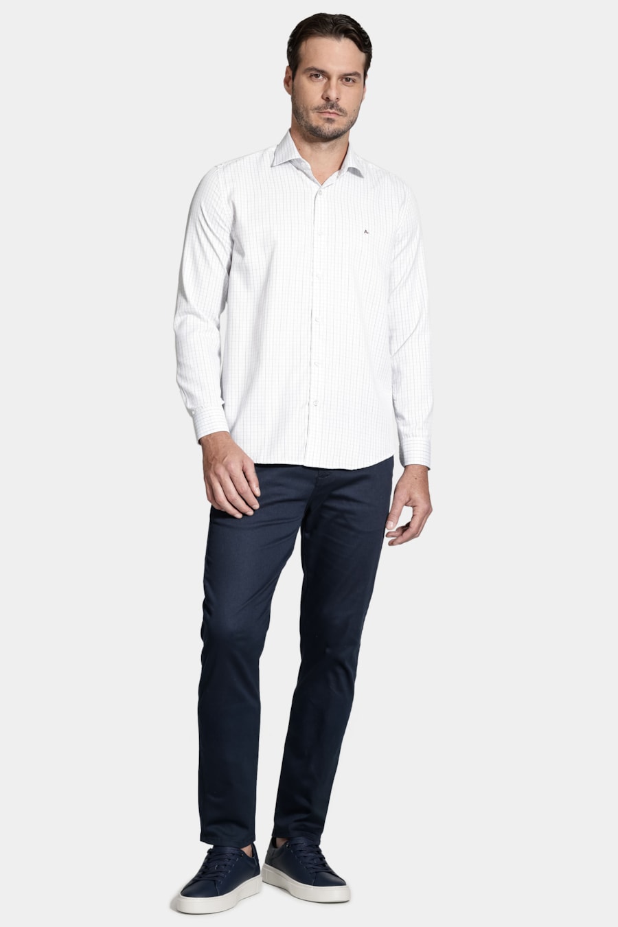 Camisa Manga Longa Slim Tricoline Xadrez Maquinetada Branco C/Verde — foto 2 de 6
