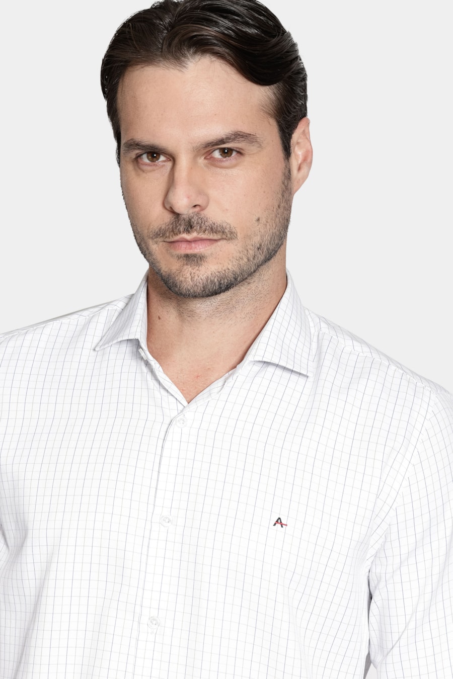 Camisa Manga Longa Slim Tricoline Xadrez Maquinetada Branco C/Verde — foto 3 de 6