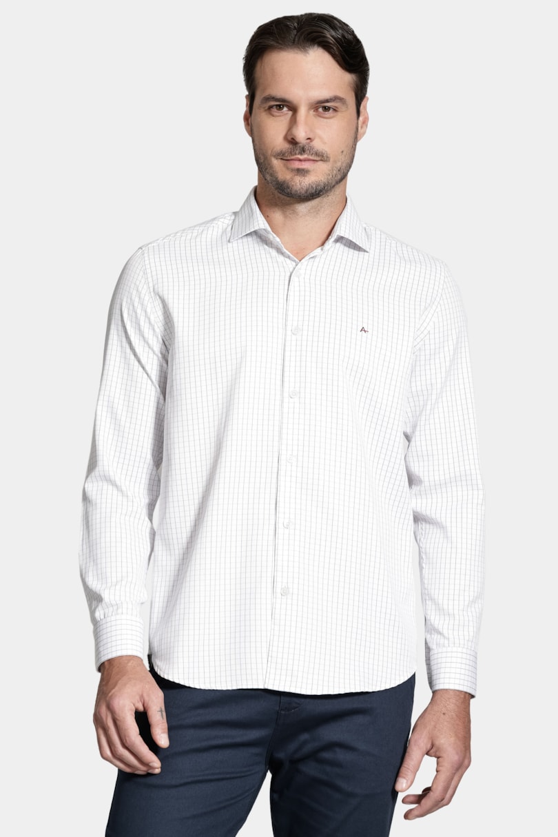 Camisa Manga Longa Slim Tricoline Xadrez Maquinetada Branco C/Vermelho