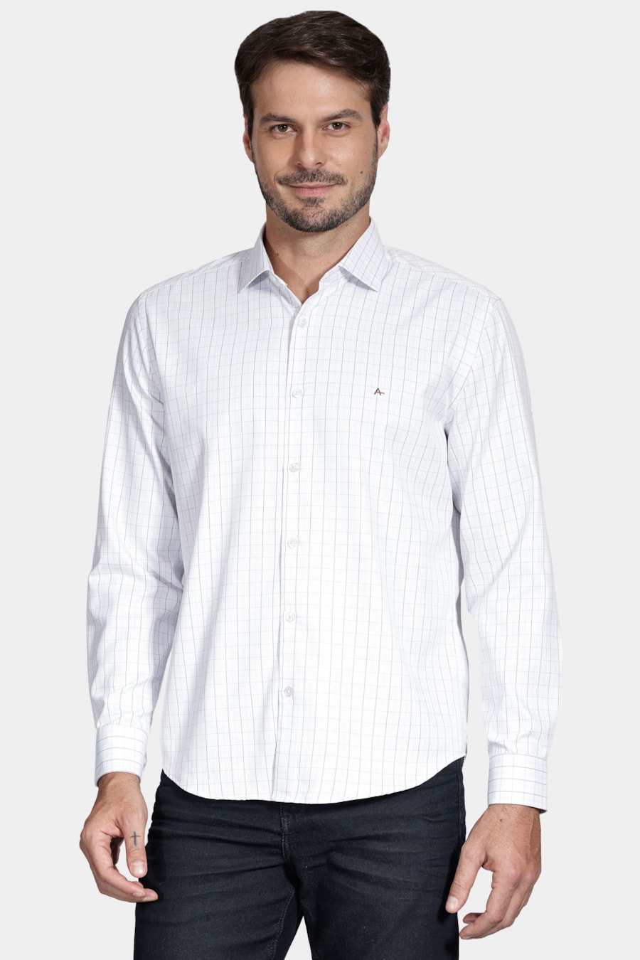 Camisa Manga Longa Slim Tricoline Xadrez Maquinetada Branco Com Azul — foto 1 de 6