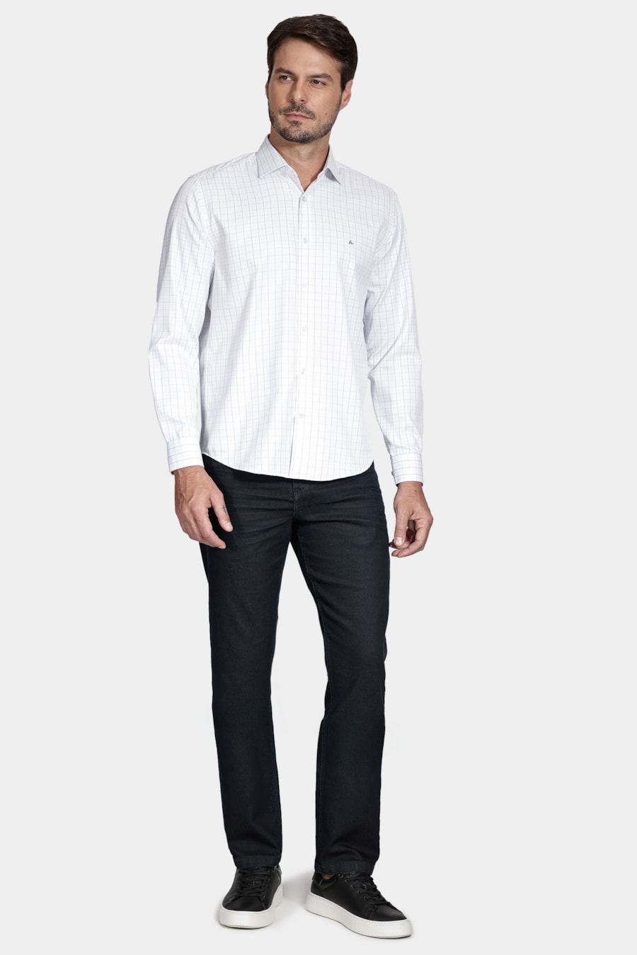 Camisa Manga Longa Slim Tricoline Xadrez Maquinetada Branco Com Azul — foto 2 de 6