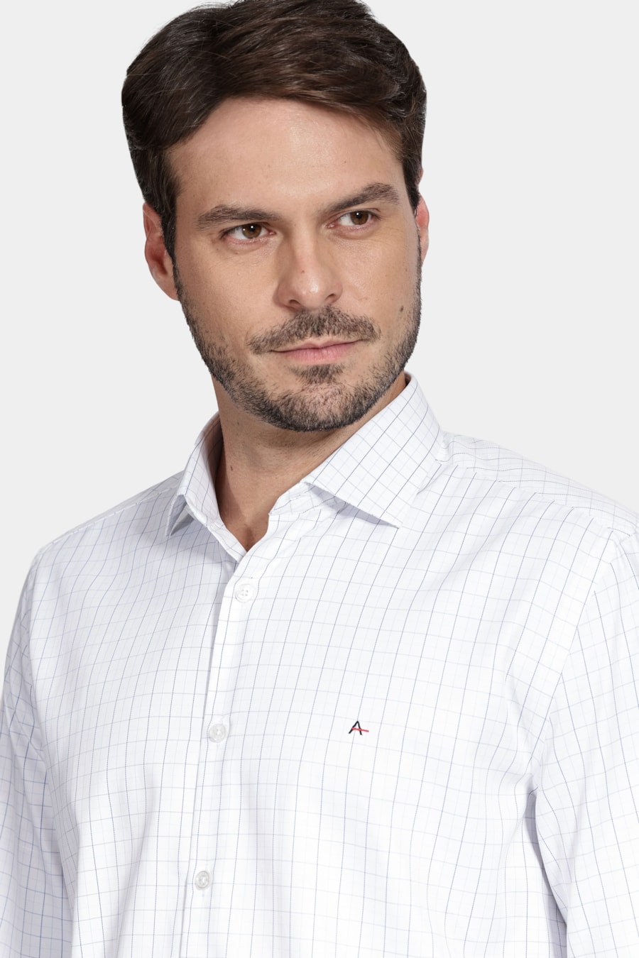 Camisa Manga Longa Slim Tricoline Xadrez Maquinetada Branco Com Azul — foto 3 de 6
