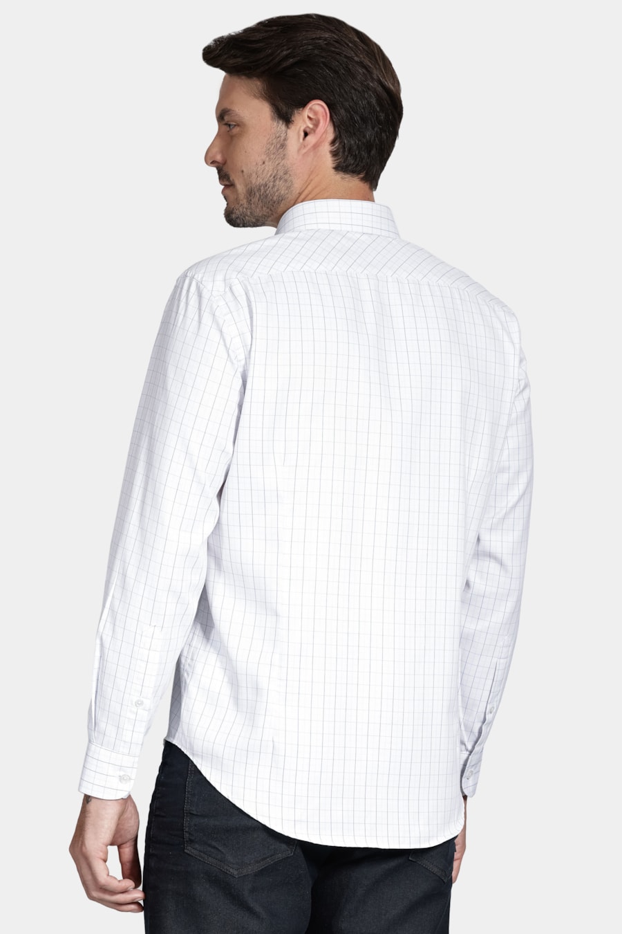 Camisa Manga Longa Slim Tricoline Xadrez Maquinetada Branco Com Azul — foto 4 de 6