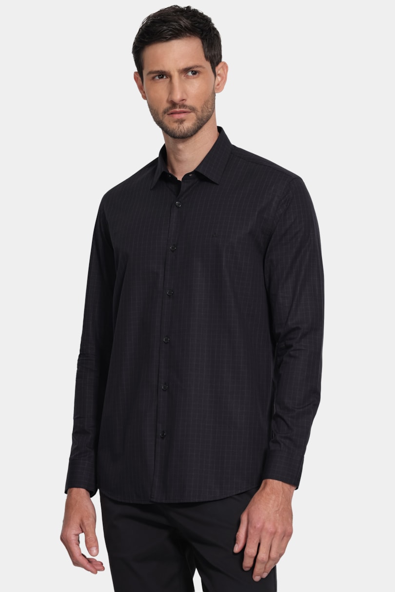 Camisa Manga Longa Slim Tricoline Xadrez Preto C/Azul