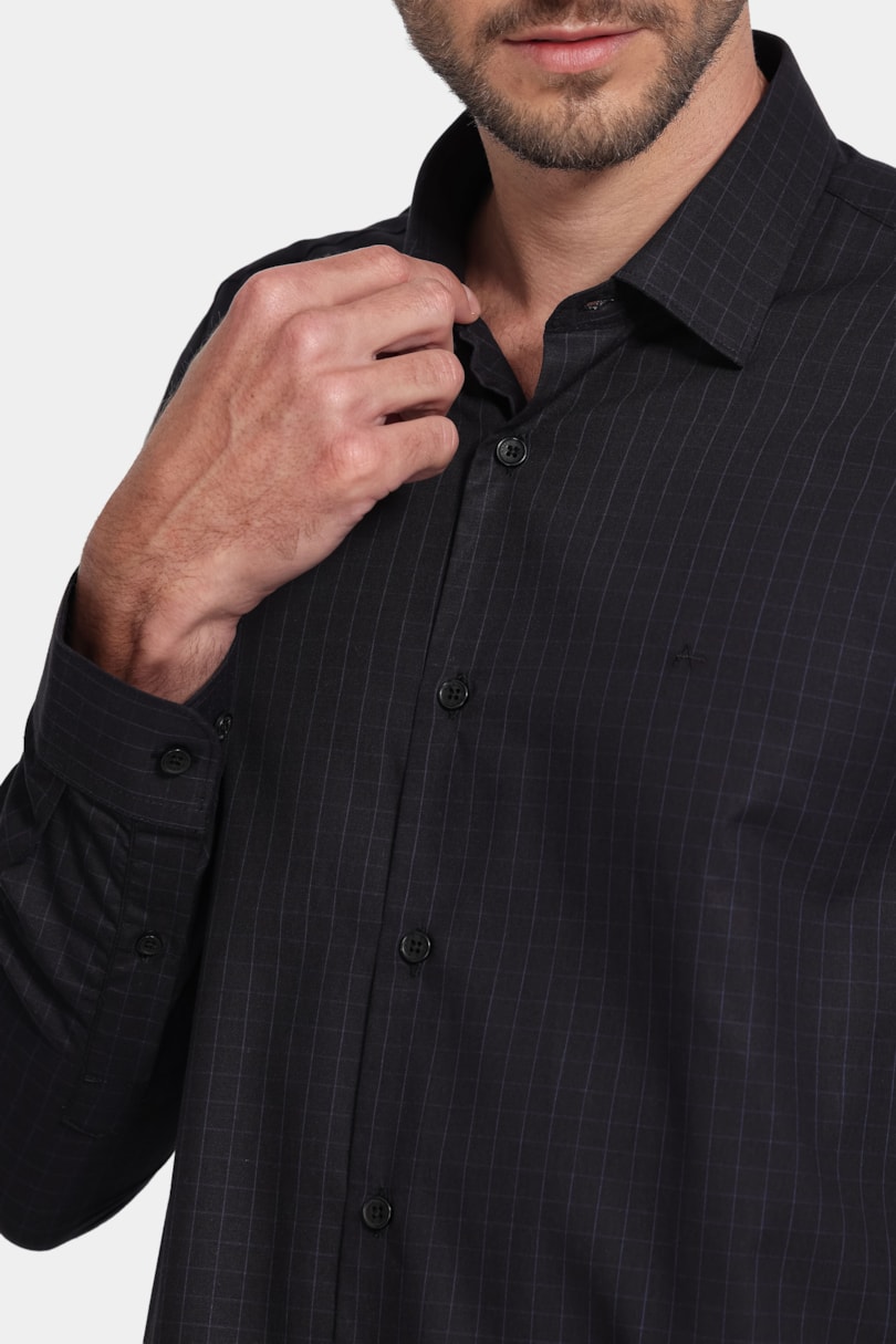 Camisa Manga Longa Slim Tricoline Xadrez Preto C/Azul
