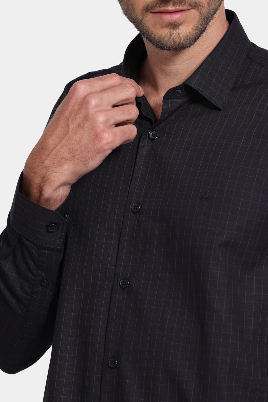 Camisa Manga Longa Slim Tricoline Xadrez Preto C/Azul — foto 2 de 6