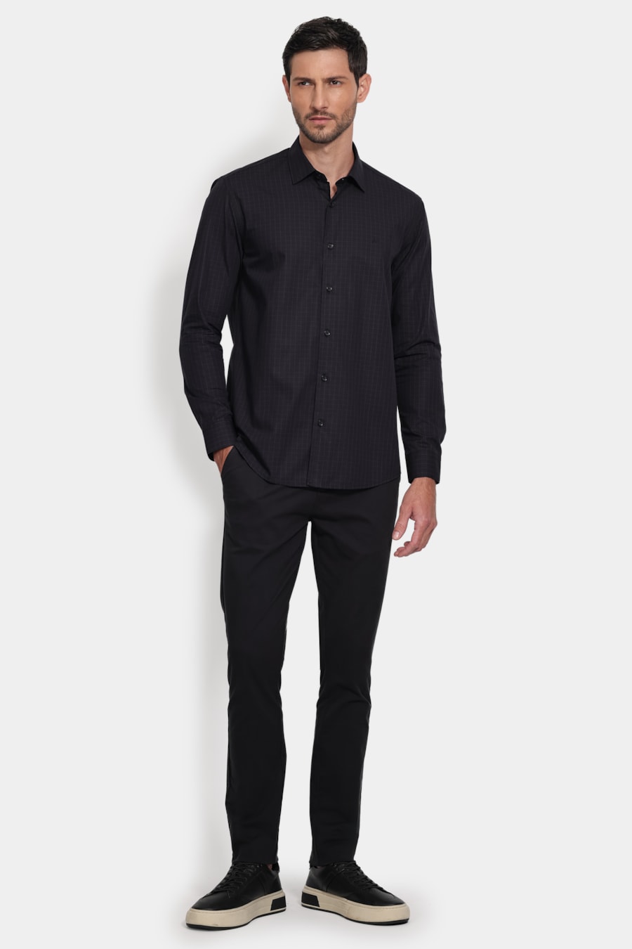 Camisa Manga Longa Slim Tricoline Xadrez Preto C/Azul — foto 4 de 6