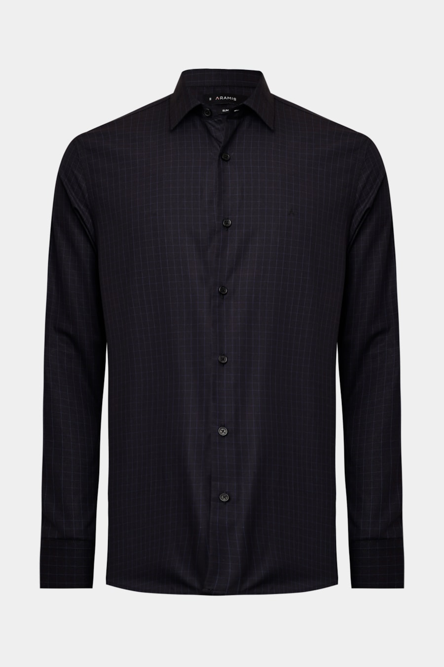 Camisa Manga Longa Slim Tricoline Xadrez Preto C/Azul — foto 5 de 6
