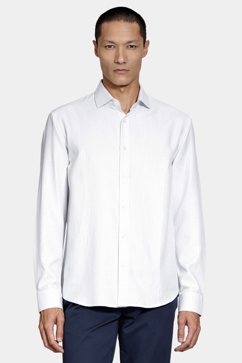 Camisa Manga Longa Slim Xadrez Branco C/Azul