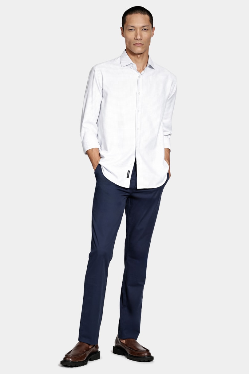 Camisa Manga Longa Slim Xadrez Branco C/Azul