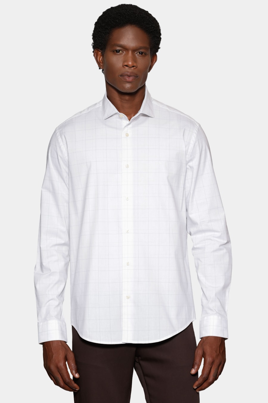 Camisa Manga Longa Slim Xadrez Linhas Branco C/Azul — foto 1 de 6