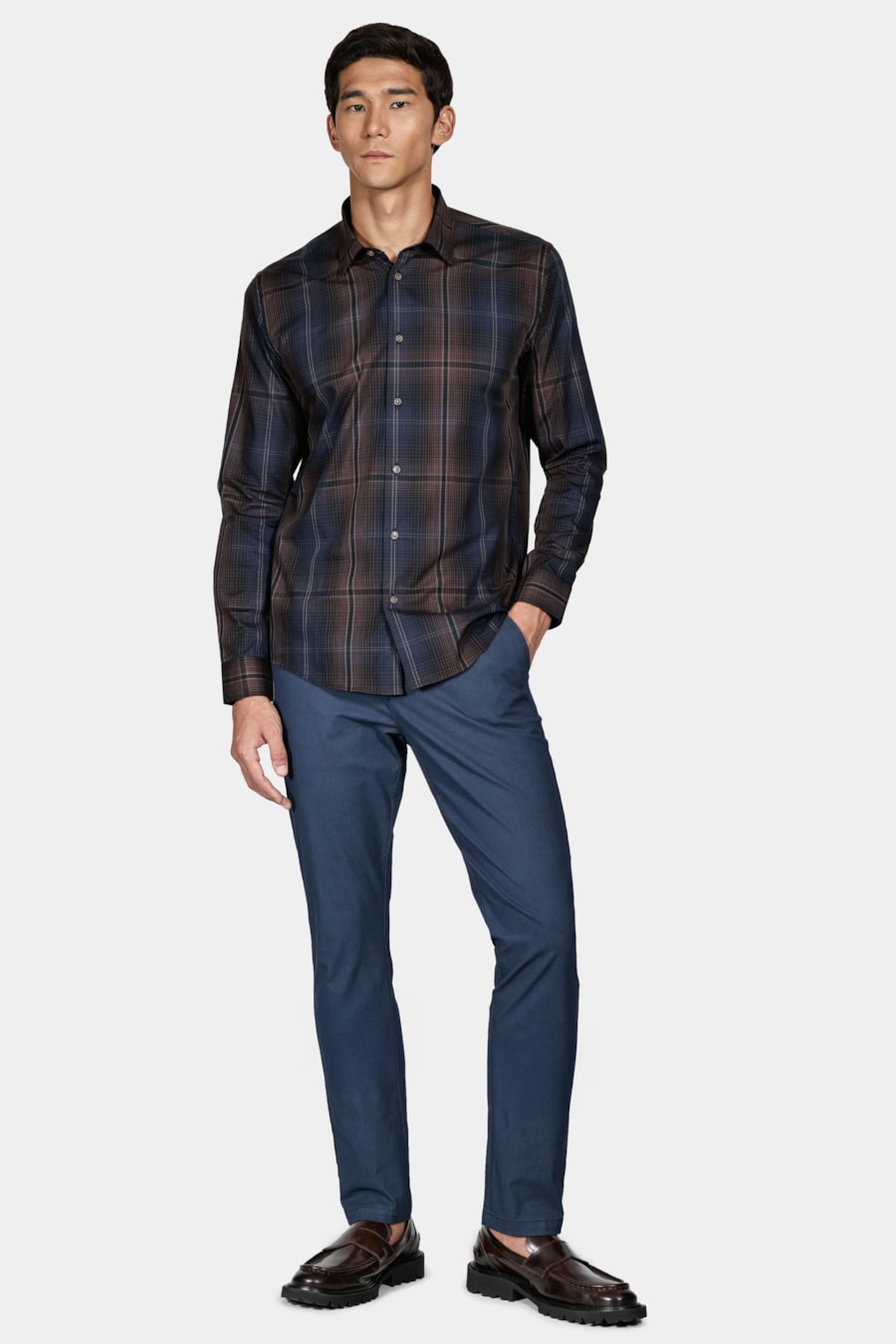 Camisa Manga Longa Slim Xadrez Preto Com Caramelo — foto 2 de 6