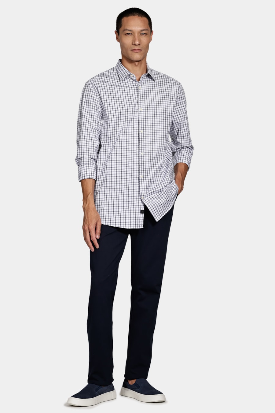 Camisa Manga Longa Slim Xadrez Stretch Branco C/Marinho — foto 2 de 6