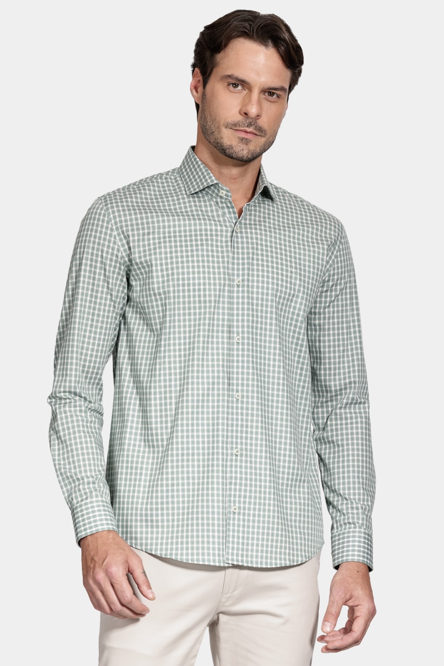 Camisa Manga Longa Slim Xadrez Verde C/ Branco — foto 1 de 6