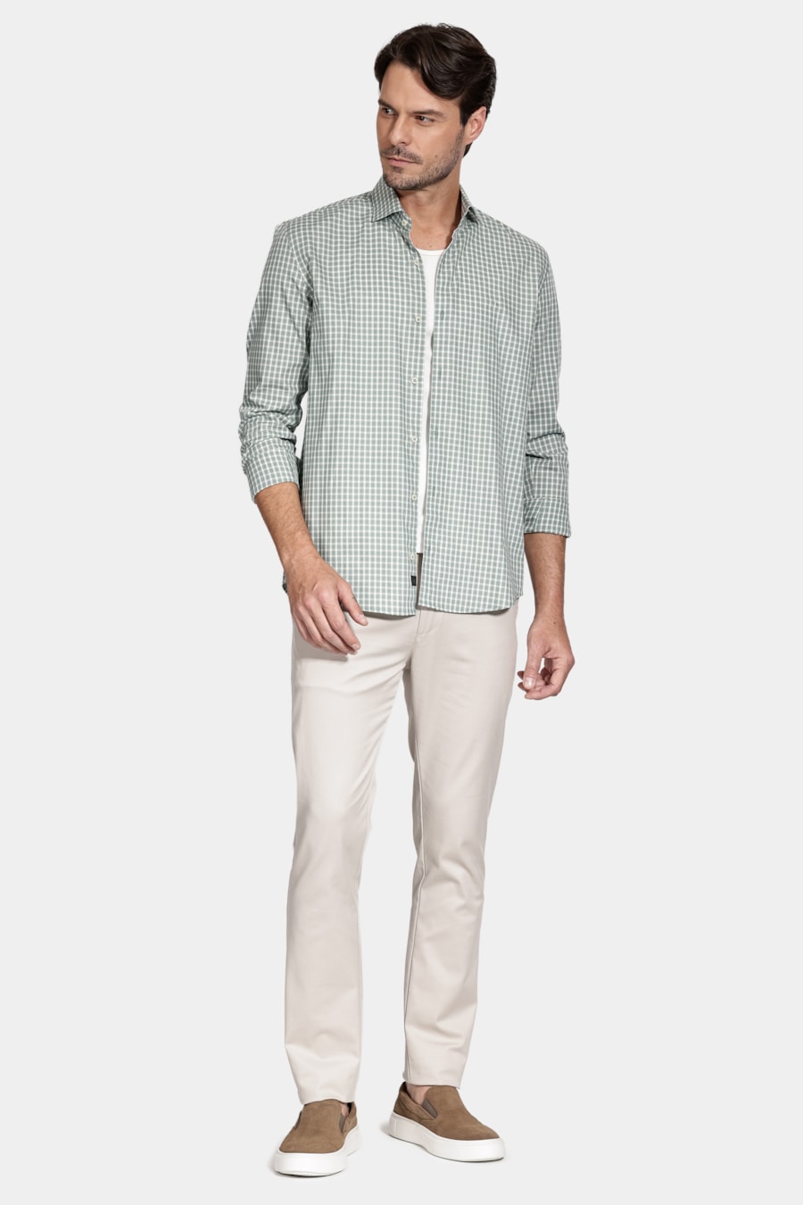 Camisa Manga Longa Slim Xadrez Verde C/ Branco — foto 2 de 6