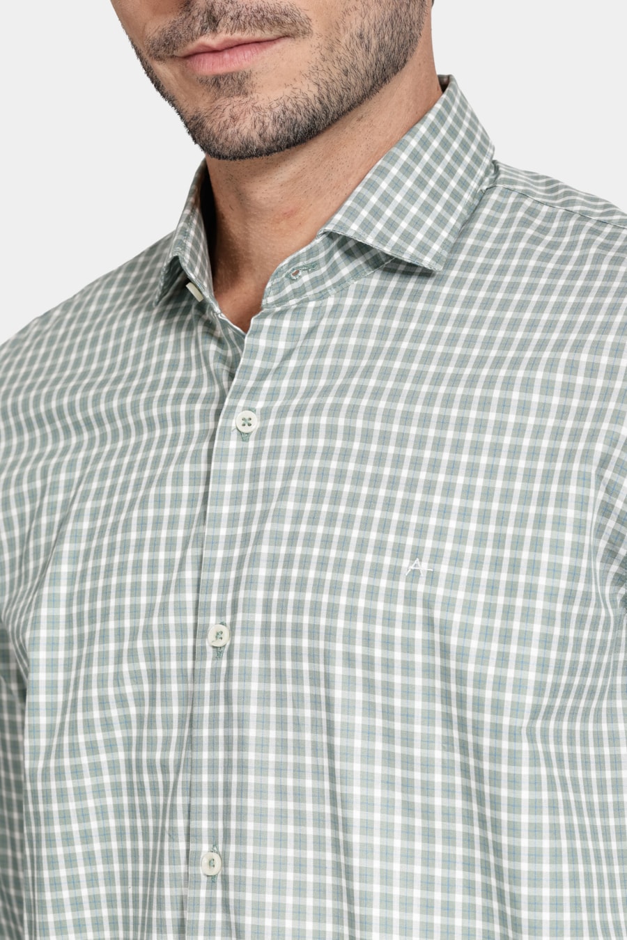 Camisa Manga Longa Slim Xadrez Verde C/ Branco — foto 3 de 6