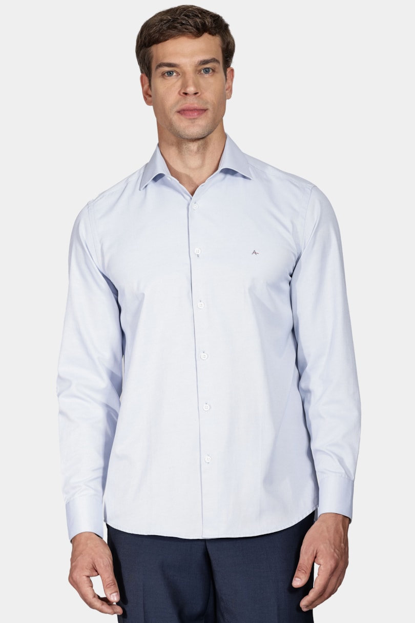 Camisa Manga Longa Social Regular Tricoline Maquinetada Azul