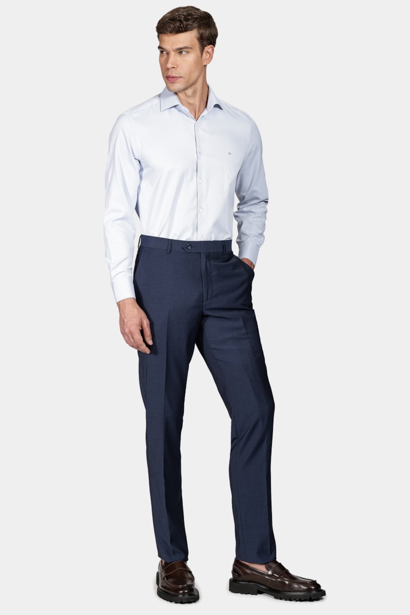 Camisa Manga Longa Social Regular Tricoline Maquinetada Azul