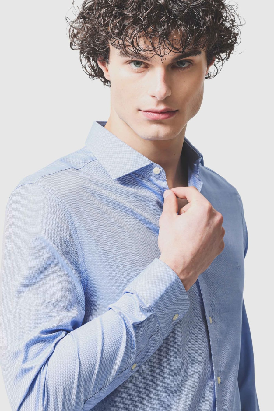 Camisa Manga Longa Super Slim Algodão Maquinetado Azul — foto 3 de 6