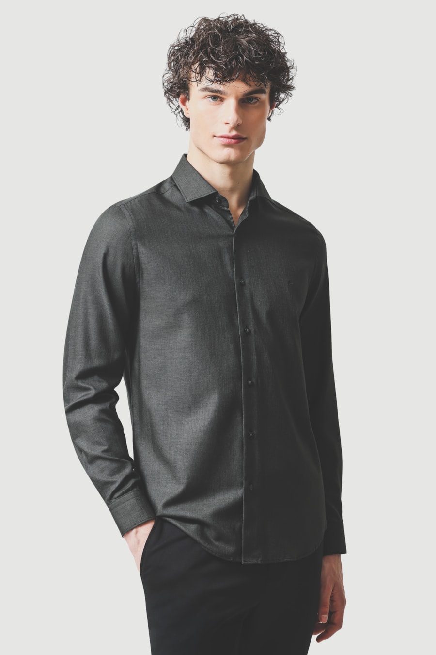 Camisa Masculina Manga Longa Slim Algodão Egípcio Maquinetada Verde Escuro — foto 1 de 6