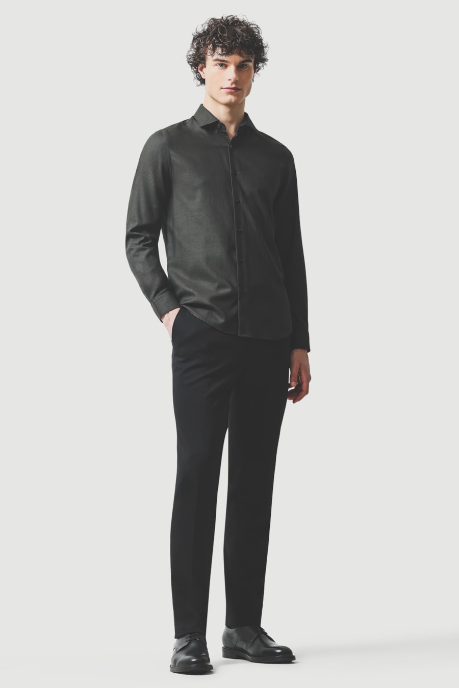 Camisa Masculina Manga Longa Slim Algodão Egípcio Maquinetada Verde Escuro — foto 2 de 6