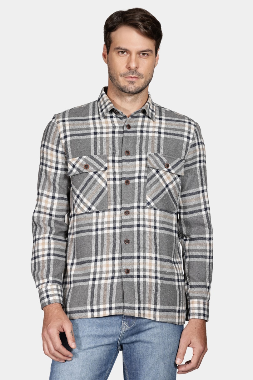 Camisa Overshirt Flanela Xadrez Cinza