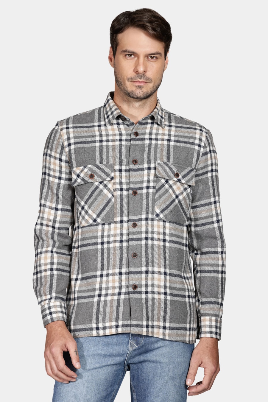 Camisa Overshirt Flanela Xadrez Cinza — foto 1 de 6