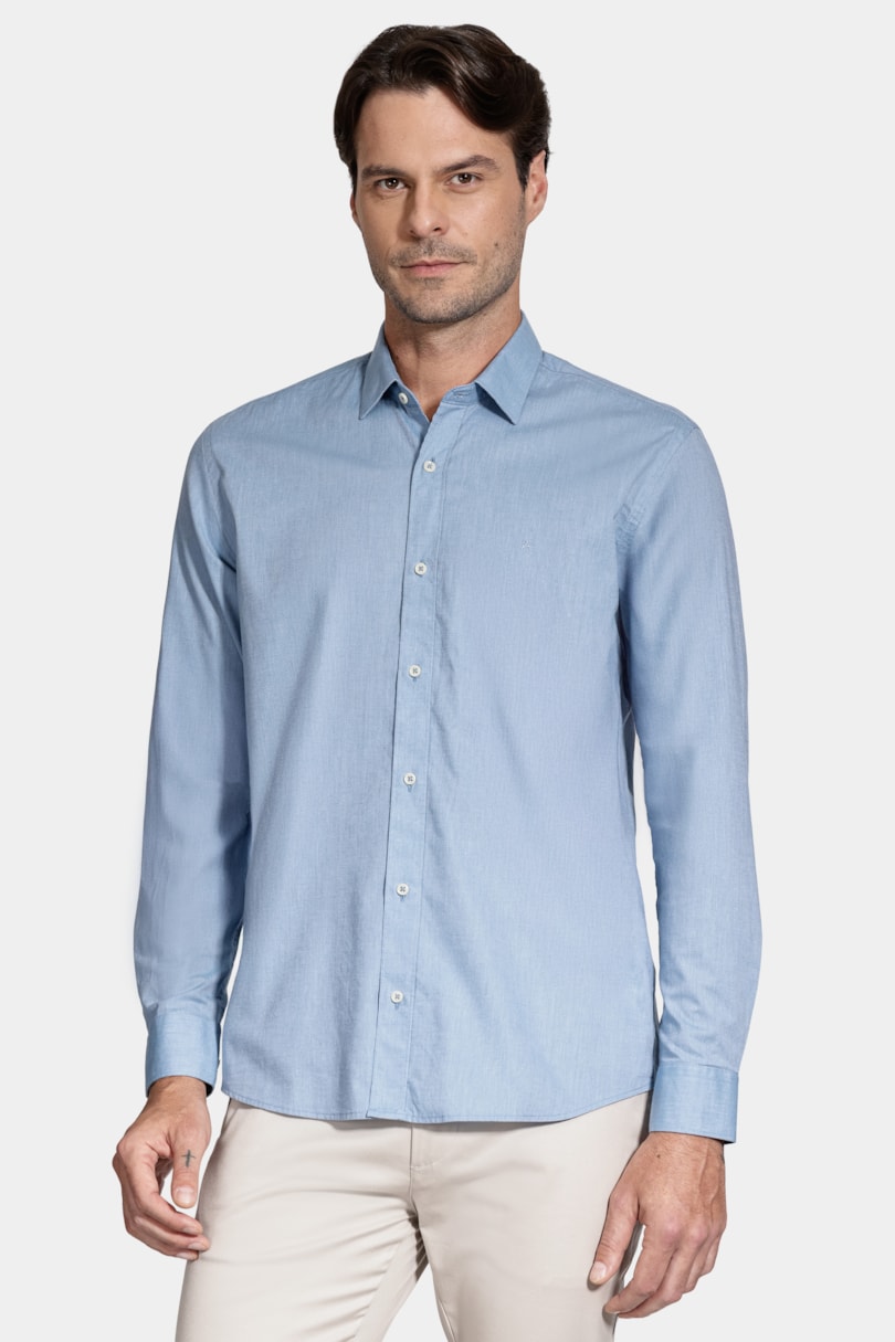 Camisa Regilar Algodão Manga Longa Fil a Fil Azul Classico