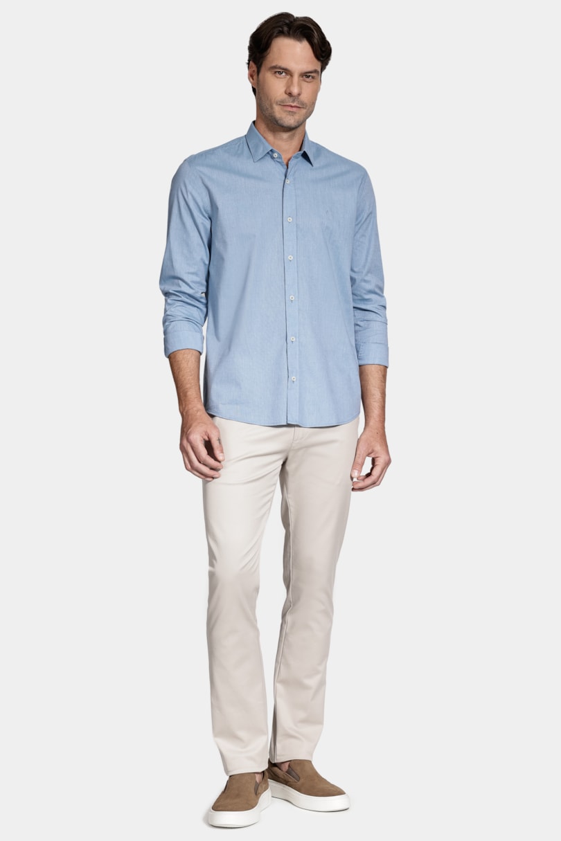 Camisa Regilar Algodão Manga Longa Fil a Fil Azul Classico