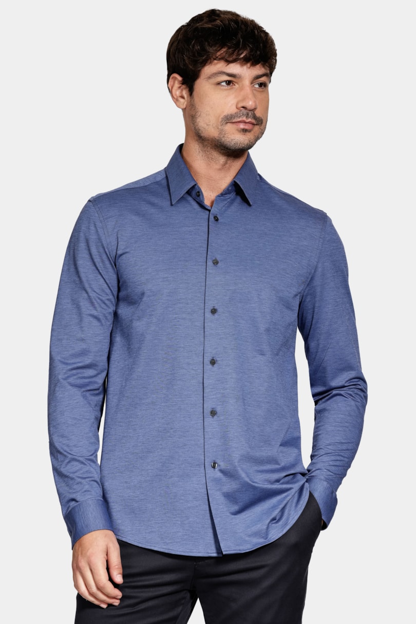 Camisa Regular Algodão Easy Care Manga Longa Azul Escuro