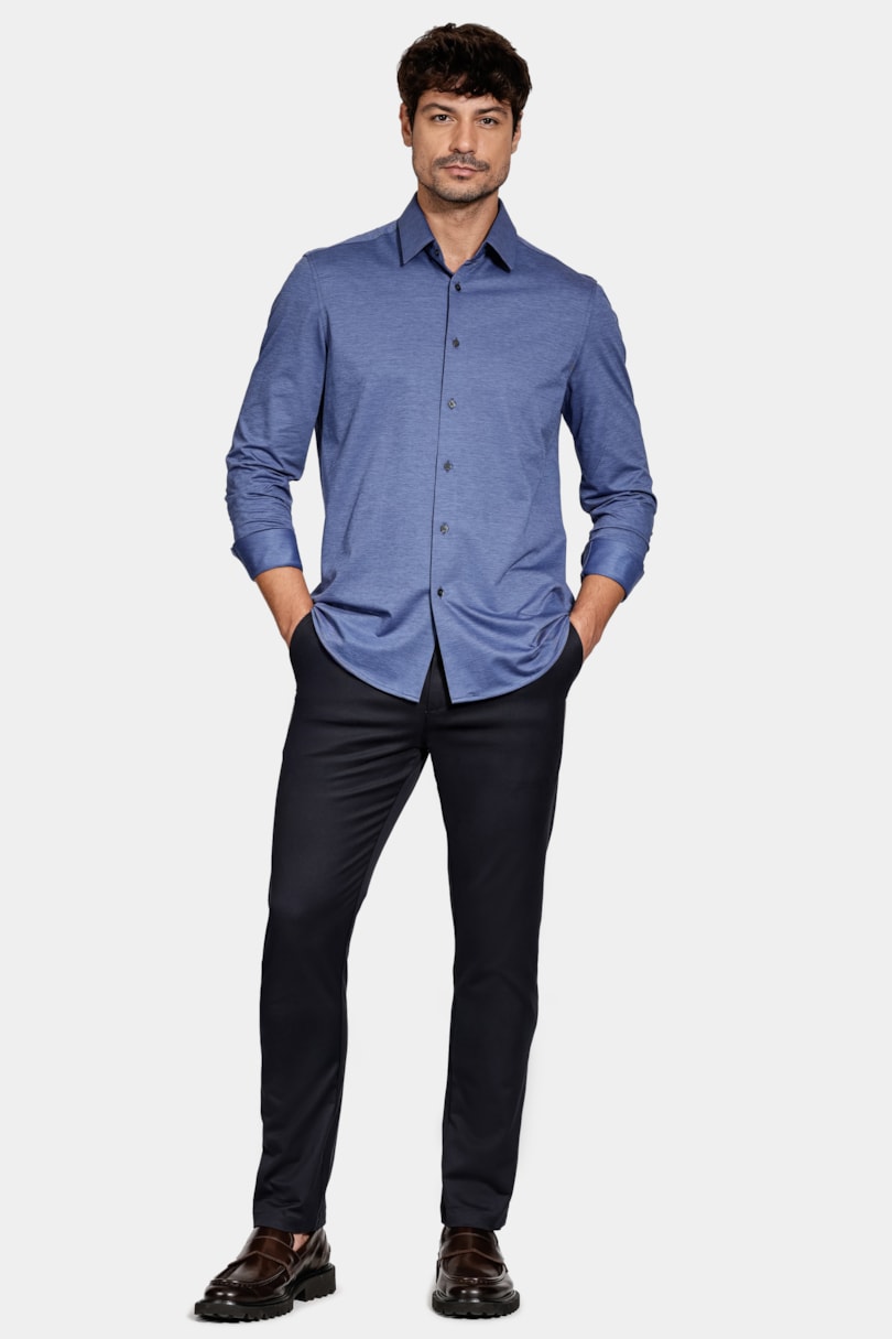 Camisa Regular Algodão Easy Care Manga Longa Azul Escuro