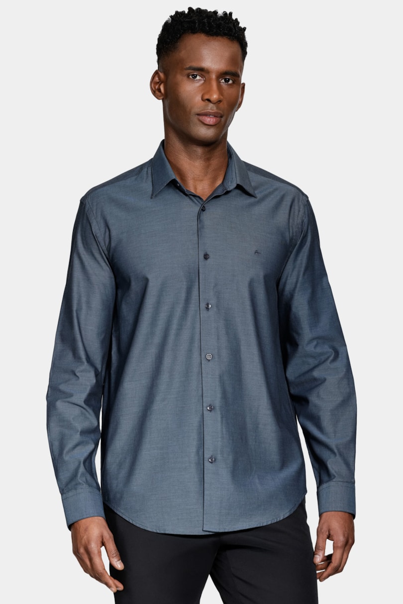 Camisa Regular Algodão Egípcio Fio 50 Azul Forte