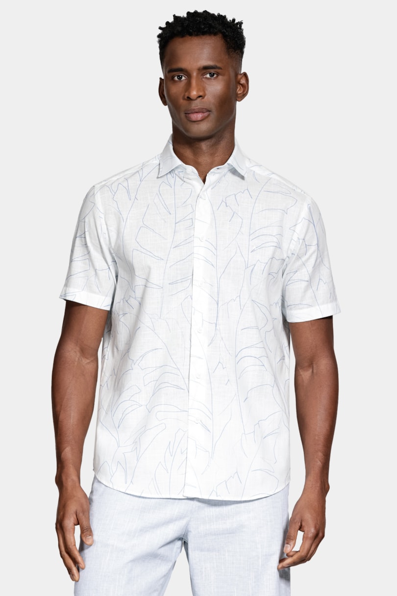 Camisa Regular Algodão Manga Curta Folhagem Branco C/Azul