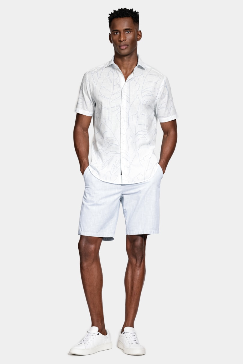 Camisa Regular Algodão Manga Curta Folhagem Branco C/Azul