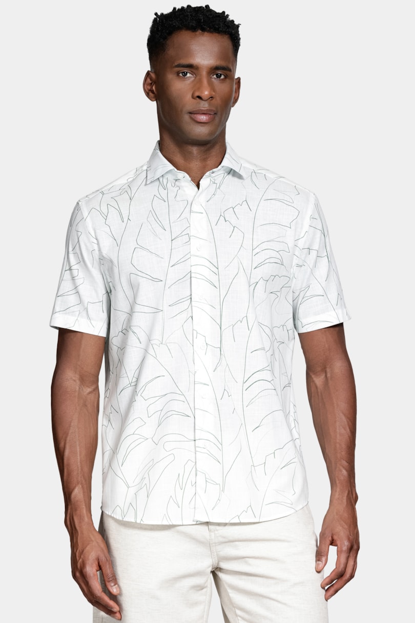 Camisa Regular Algodão Manga Curta Folhagem Branco C/Verde