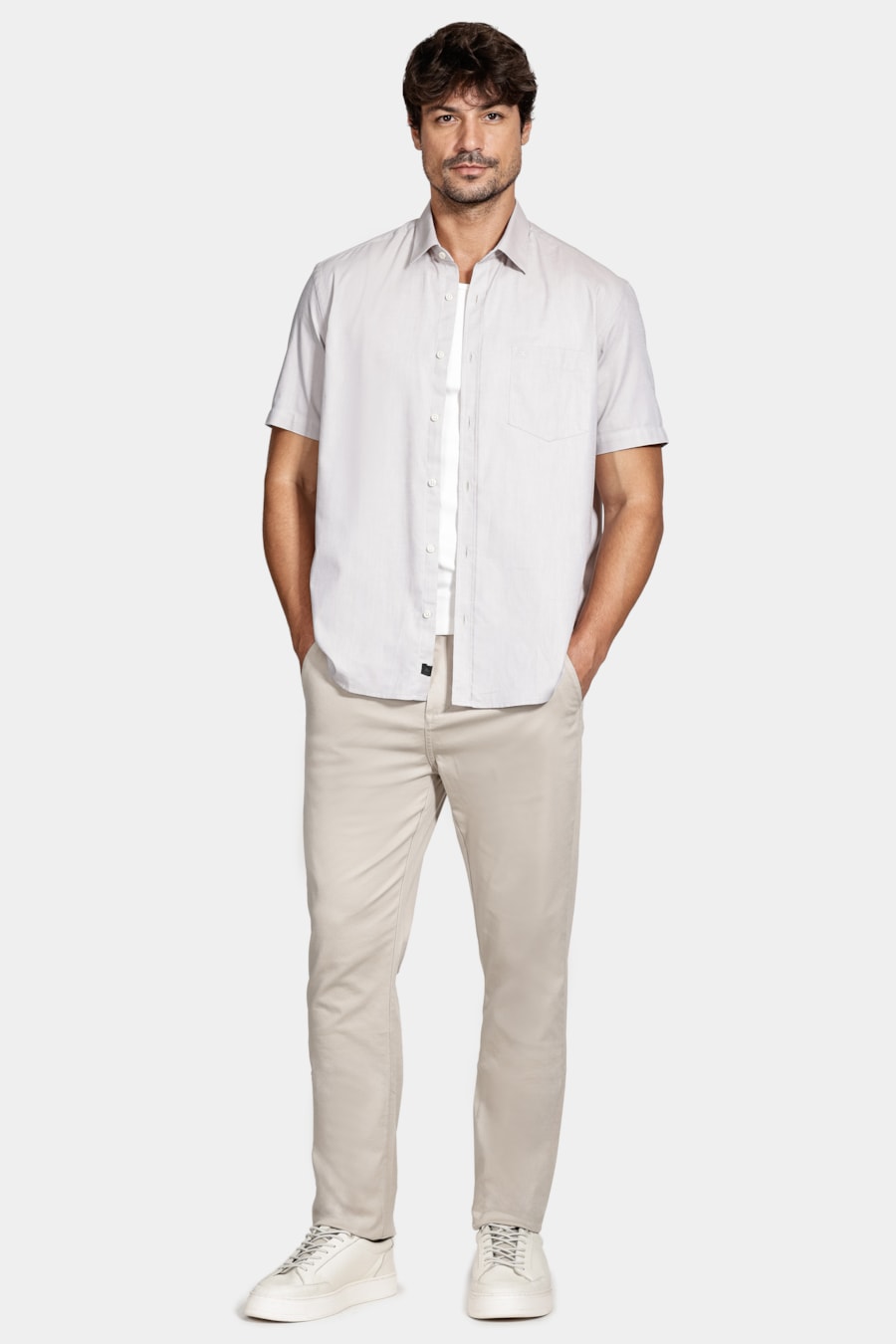 Camisa Regular Algodão Manga Curta Pinpoint Areia — foto 2 de 6