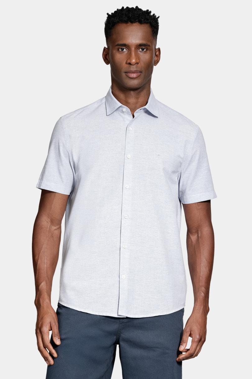 Camisa Regular Algodão Mescla Manga Curta Azul