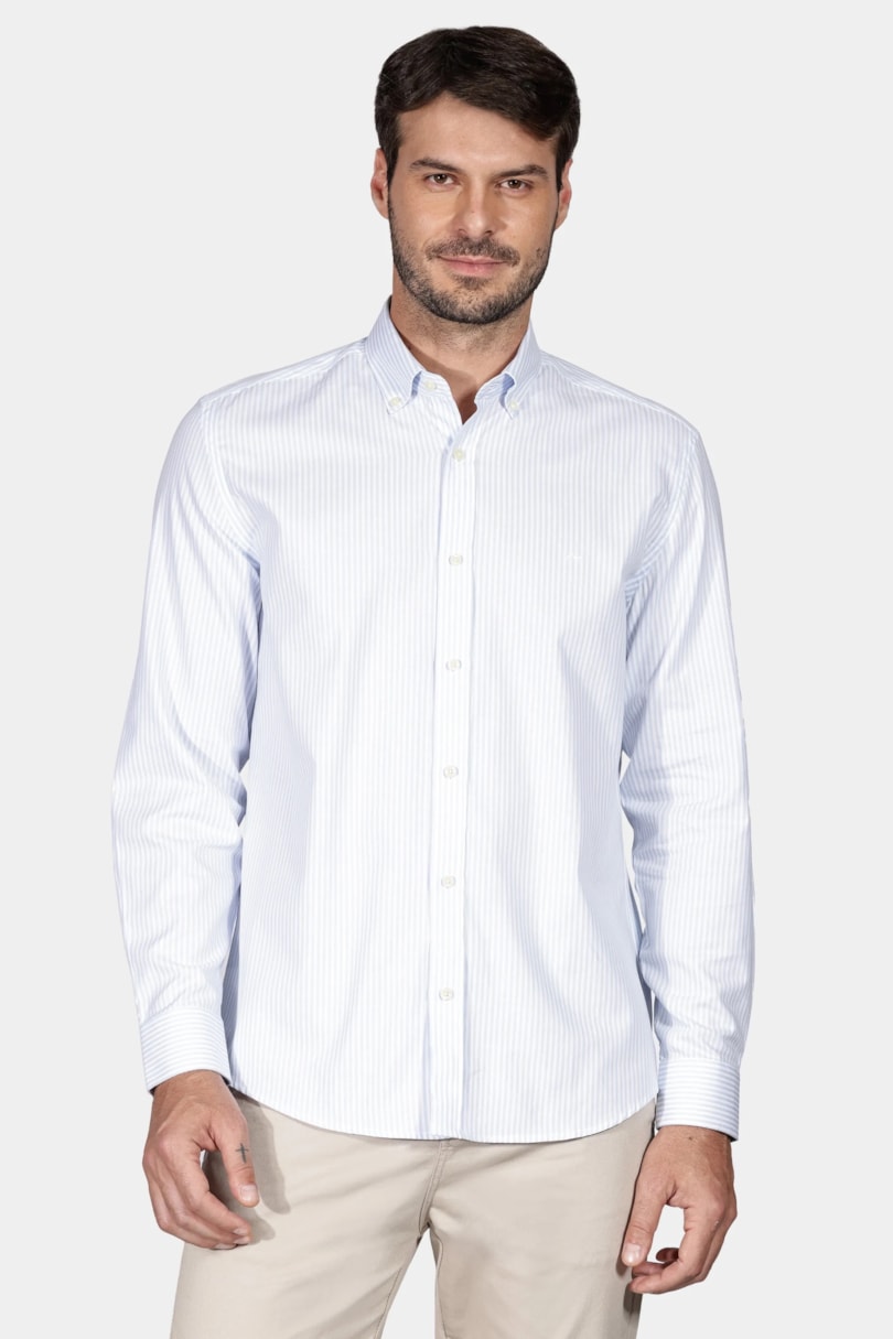 Camisa Regular Button Down Class Branco Com Azul Claro