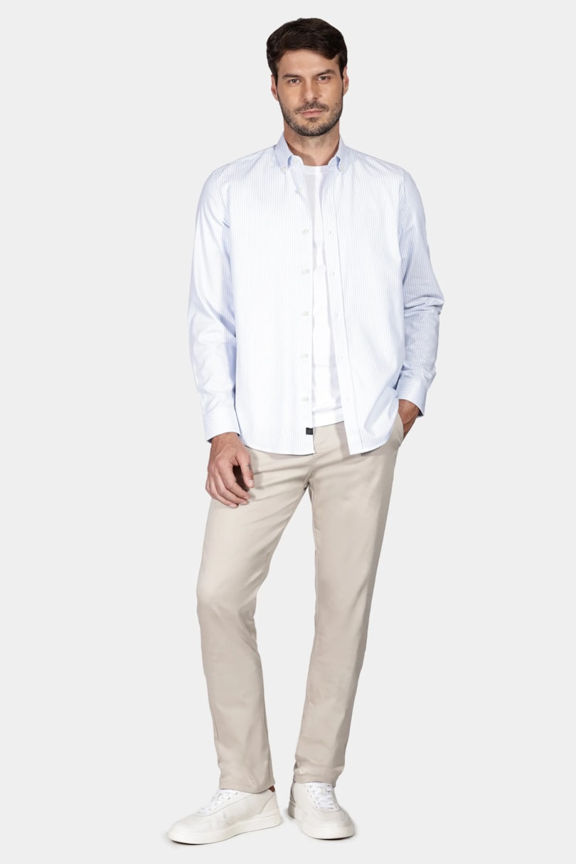 Camisa Regular Button Down Class Branco Com Azul Claro