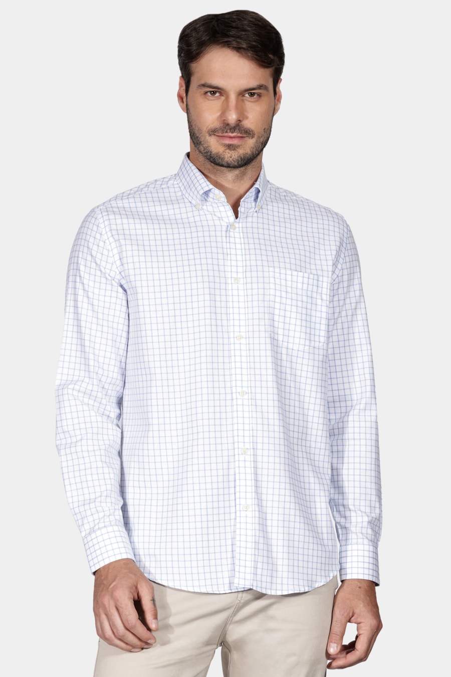 Camisa Regular Down Xadrez Clássico Branco Com Azul — foto 1 de 6