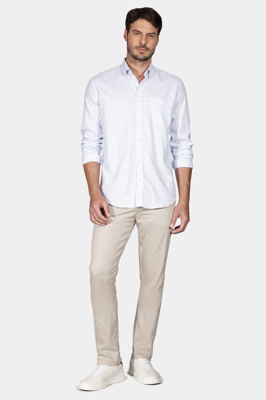 Camisa Regular Down Xadrez Clássico Branco Com Azul — foto 2 de 6