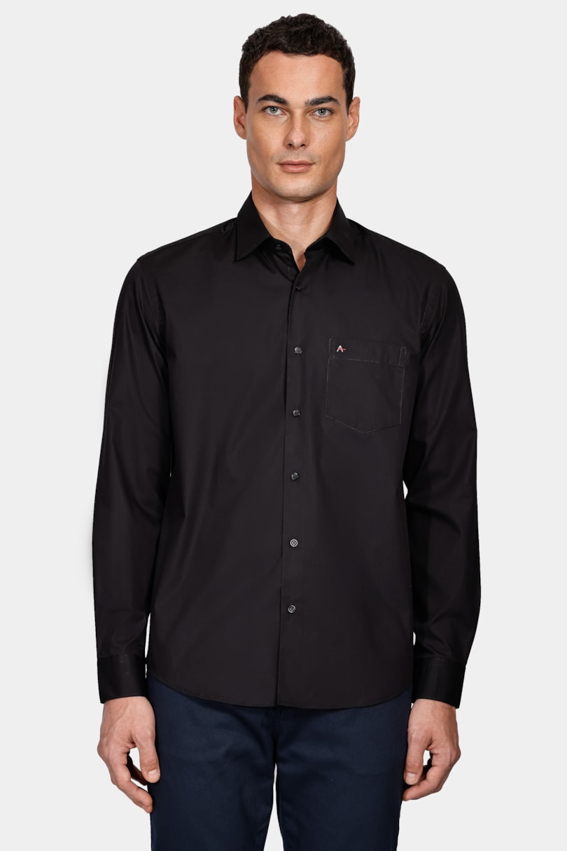 Camisa Regular em Tricoline Liso Com Bolso Preto