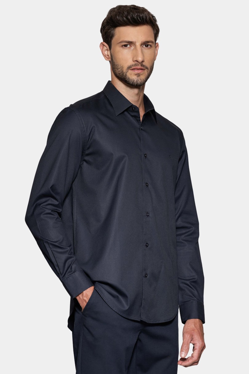 Camisa Regular Fio 100 Egípcio Maquinetada Marinho Escuro