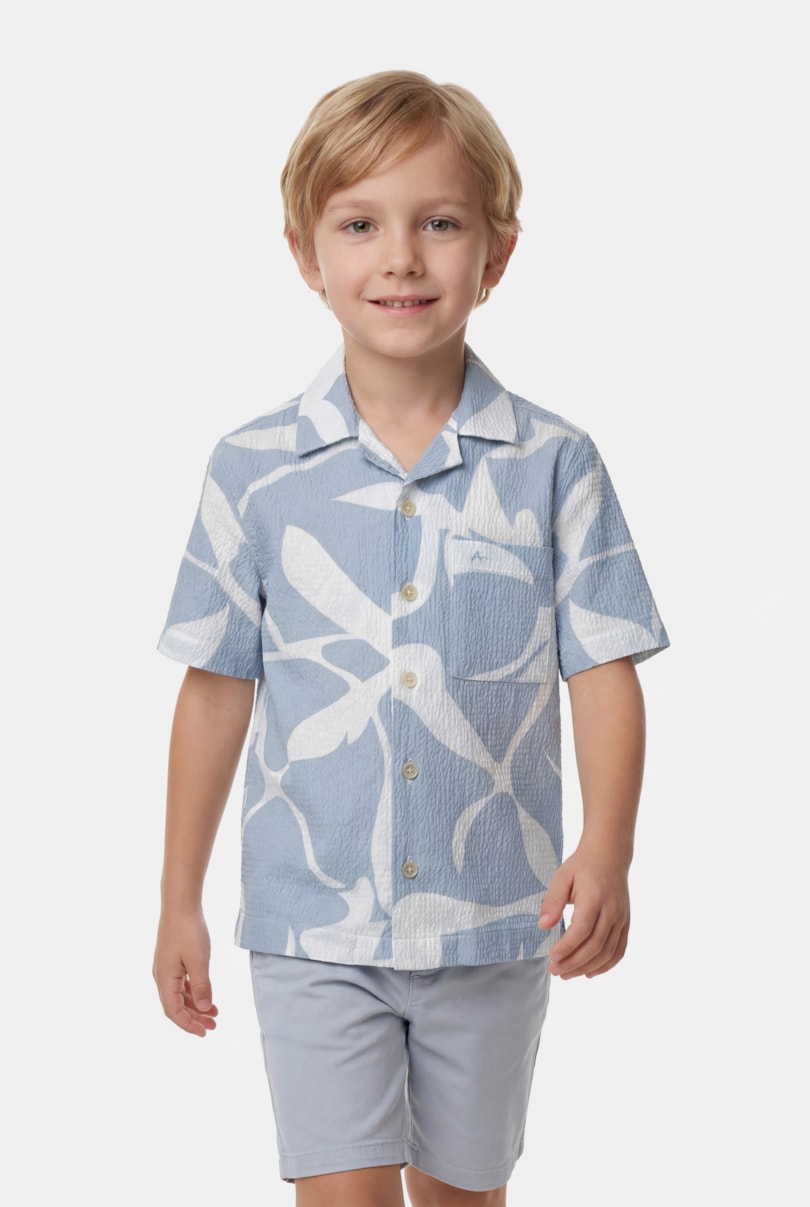 Camisa Regular Manga Curta Infantil Seersucker Azul Claro C/Branco