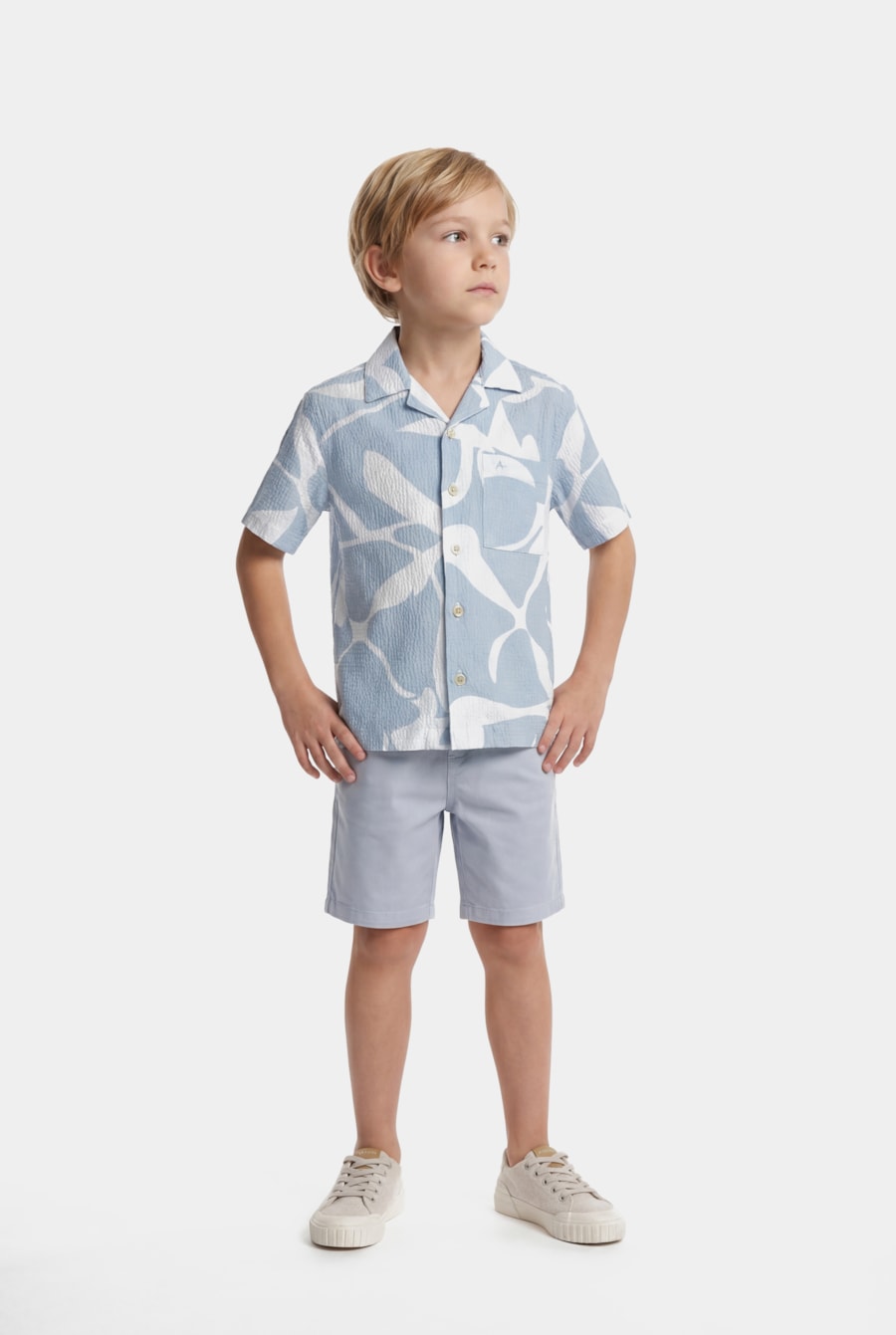 Camisa Regular Manga Curta Infantil Seersucker Azul Claro C/Branco — foto 2 de 8