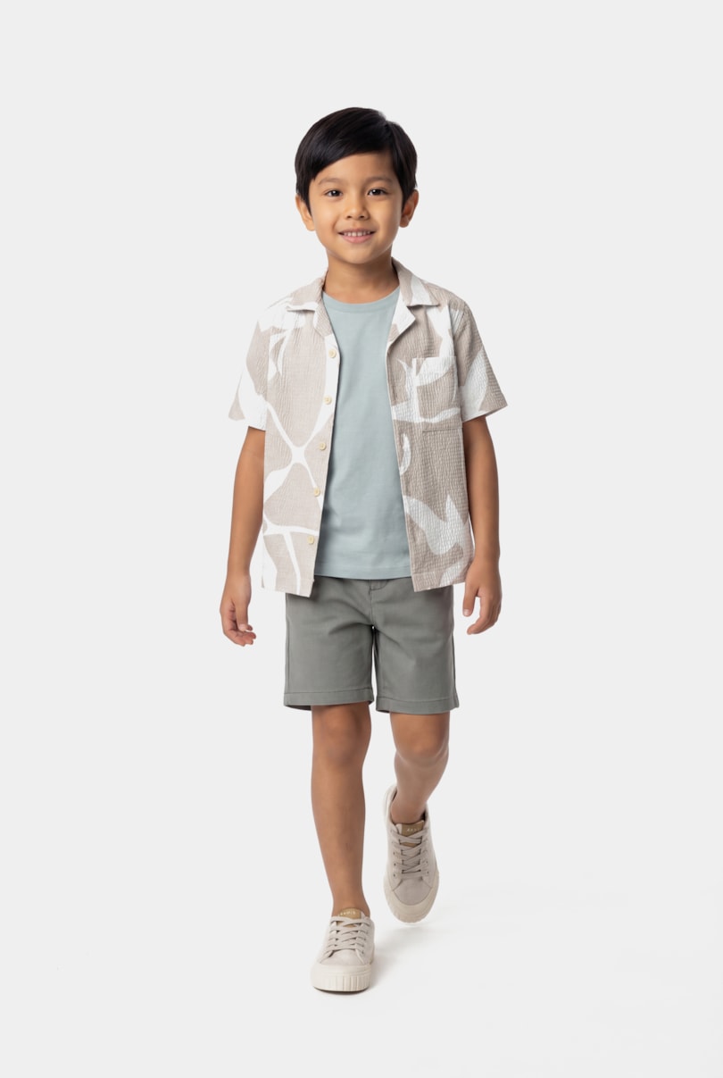 Camisa Regular Manga Curta Infantil Seersucker Caqui / Branco