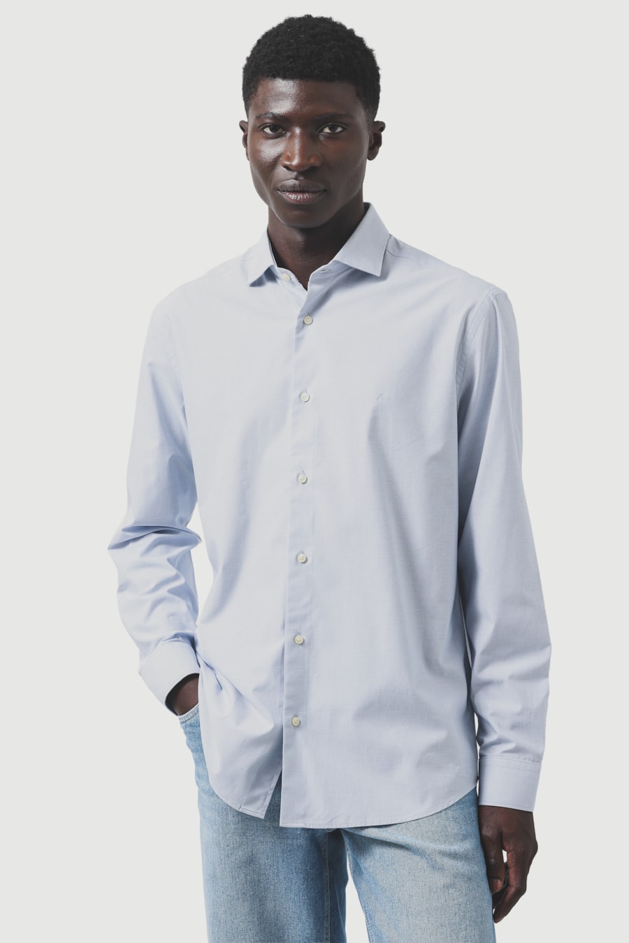 Camisa Regular Manga Longa Algodão Egípcio Micro Listrada Branco C/Azul Claro — foto 1 de 6