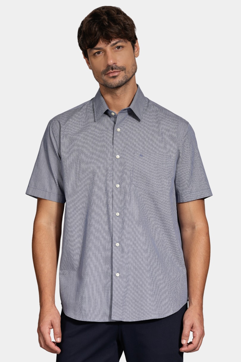 Camisa Regular Micro Xadrez Bolso Azul C/Branco